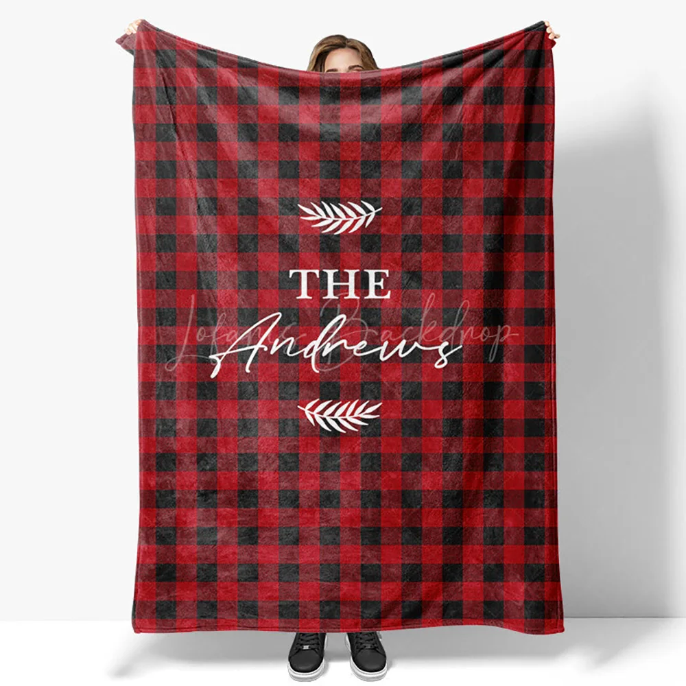 Red Black Plaid Leaves Custom Name 50x60in Baby Blanket, Personalized Throw for Newborn Shower Gift
