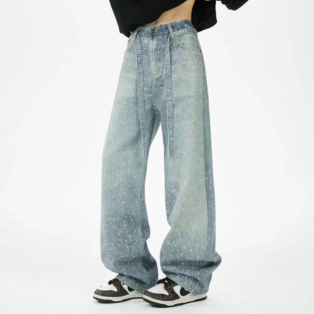 Jeans larghi a gamba larga con diamanti luminosi Uomo Donna Streetwear Moda Hip Hop Pantaloni jeans larghi casual in denim Pantaloni unisex