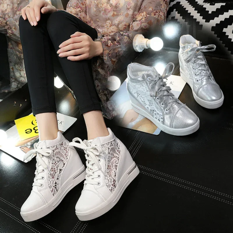 New Women Casual Shoes Women Wedges Summer Lace Ventilation Fretwork Shoes Increase Heels Platform Slip On Height Increas Shoes