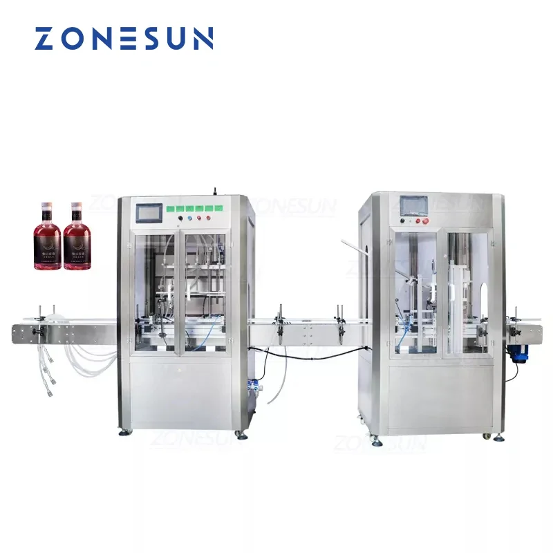 ZONESUN Full Automatic Liquid Filling And Cork Pressing Capping Machine 6 Head Essential Oil With Dust Cover Production Line