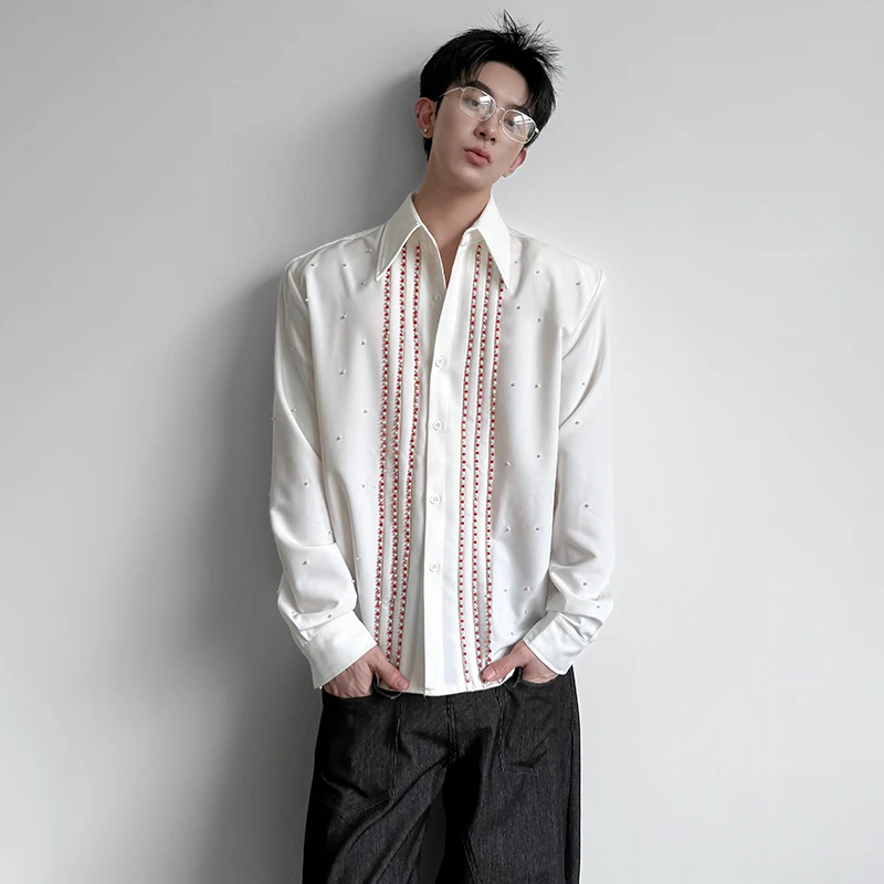 LUZHEN 2026 Spring Diamond Patchwork Stripe Shoulder Pad Long Sleeve Shirts Men's Stylish Korean Handsome Casual Clothes JY7651
