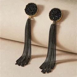 Black Retro Long Style Inlaid Rhinestone Fringed Earrings for Women Exaggerated Personality Earrings Luxury Designer Jewelry