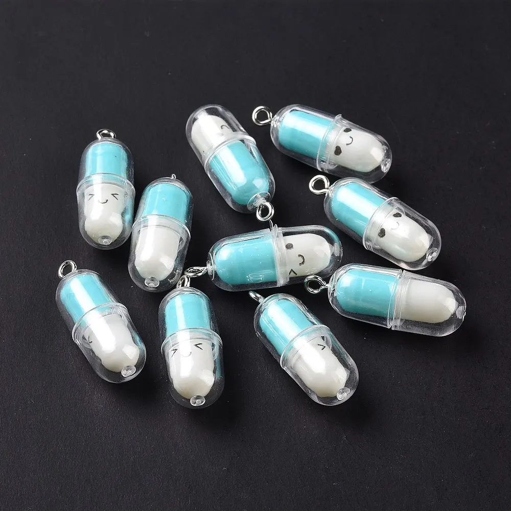 10Pcs Translucent Plastic Pill Pendants Charms with Platinum Tone Iron Loops Light Blue Handmade Pendants for Women Necklace - view 2