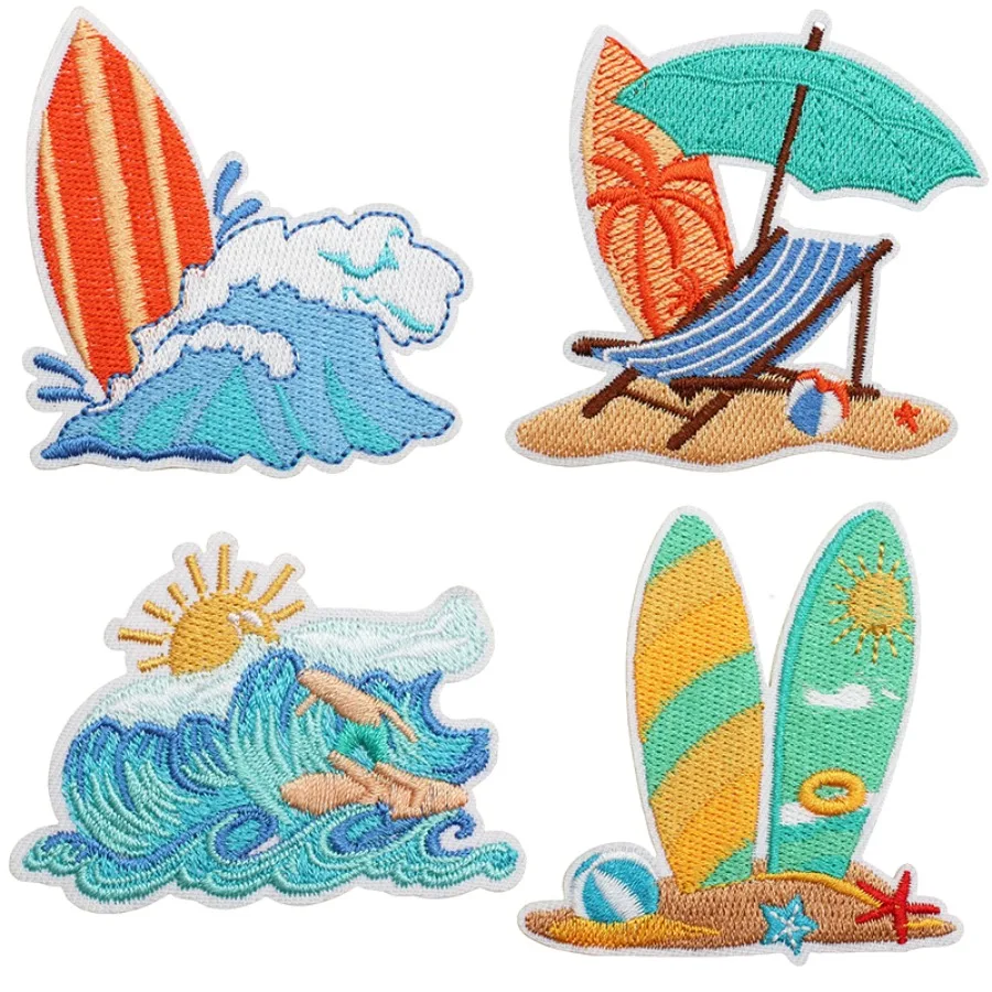 

4 Summer Beach Theme Embroidery Patches, Surfboard Wave Patches, Cool Ironing Patches, Sunshine Beach Ocean Decor for Clothing, Hats, Jackets, Backpacks