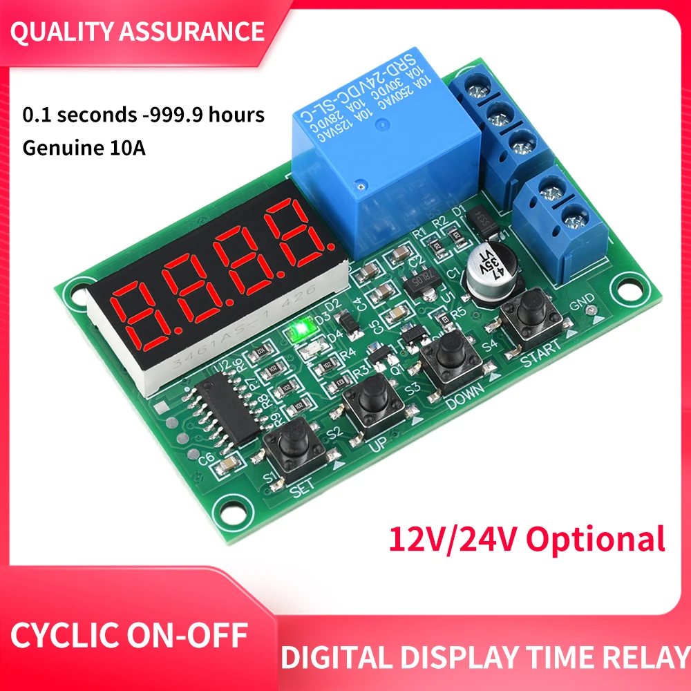 Relay DC 12V/24V 10A display time relay module infinite cycle on/off 0.36 inch 4 digit red display 0.1-999.9 hours