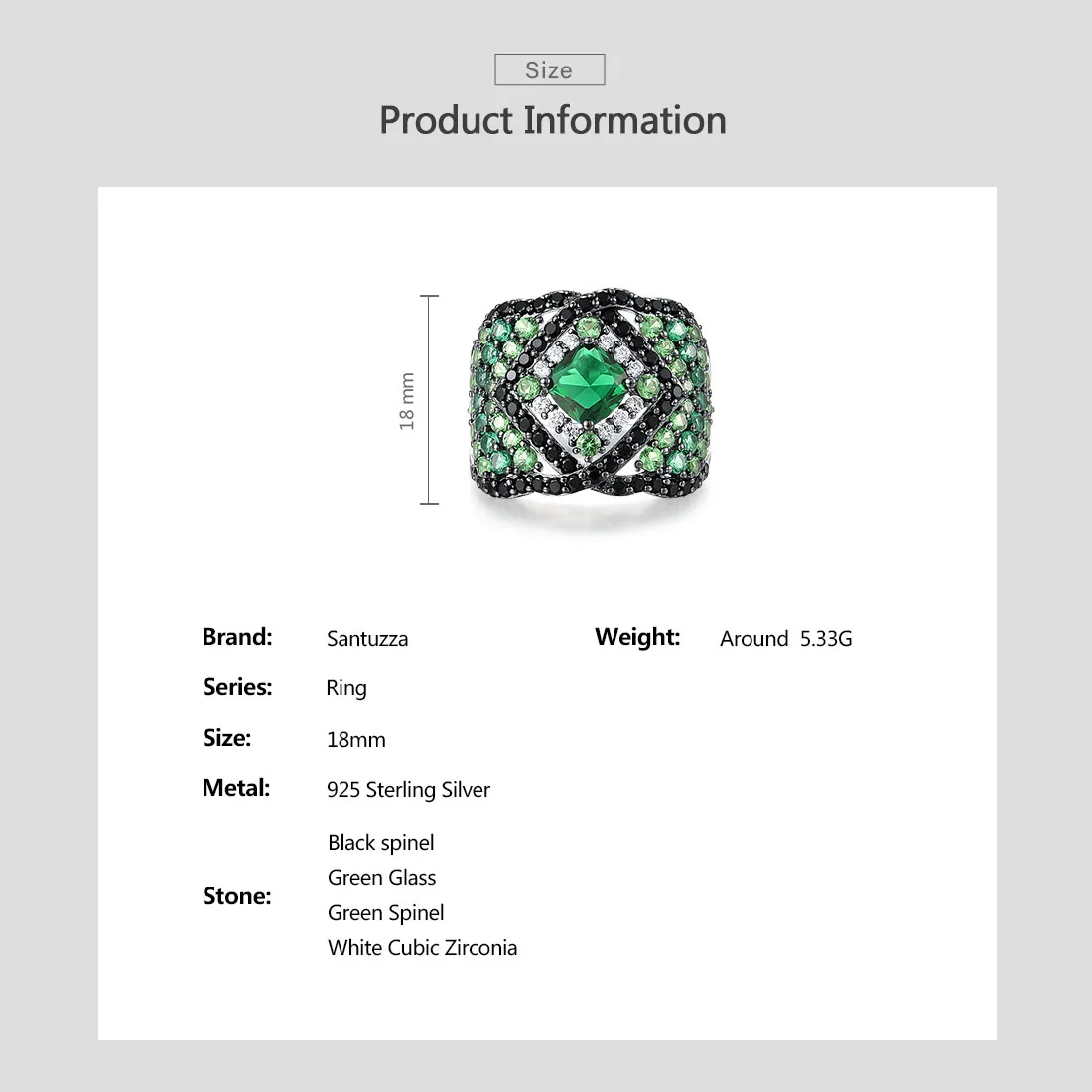 SANTUZZA 925 Sterling Silver Solitaire Ring For Women Sparkling Green And Black Spinel White CZ Charming Fine Fashion Jewelry