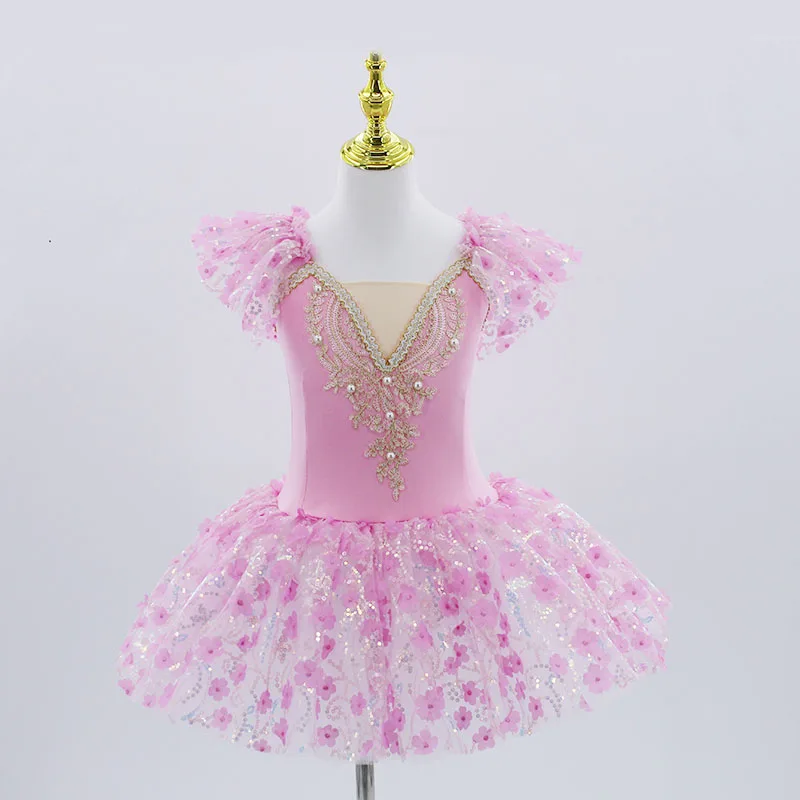 Vestido de Ballet con tutú para niña, ropa de salón con lentejuelas y flores, vestido de princesa de Ballet moderno, color rosa, 2024