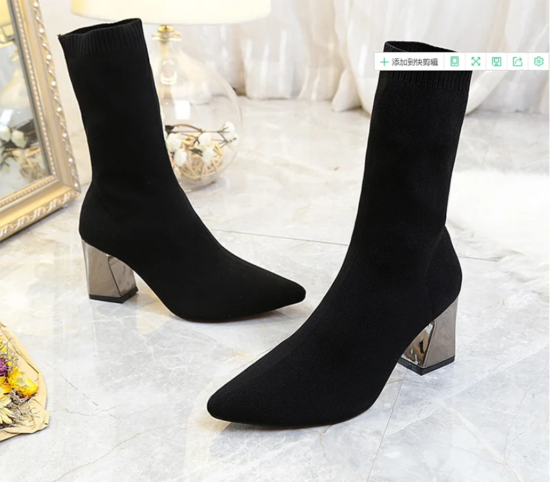 Autumn winter elastic fabric ankle boots women\'s shoes pointed thick heel stretch boots knitted stockings sizes 34-43