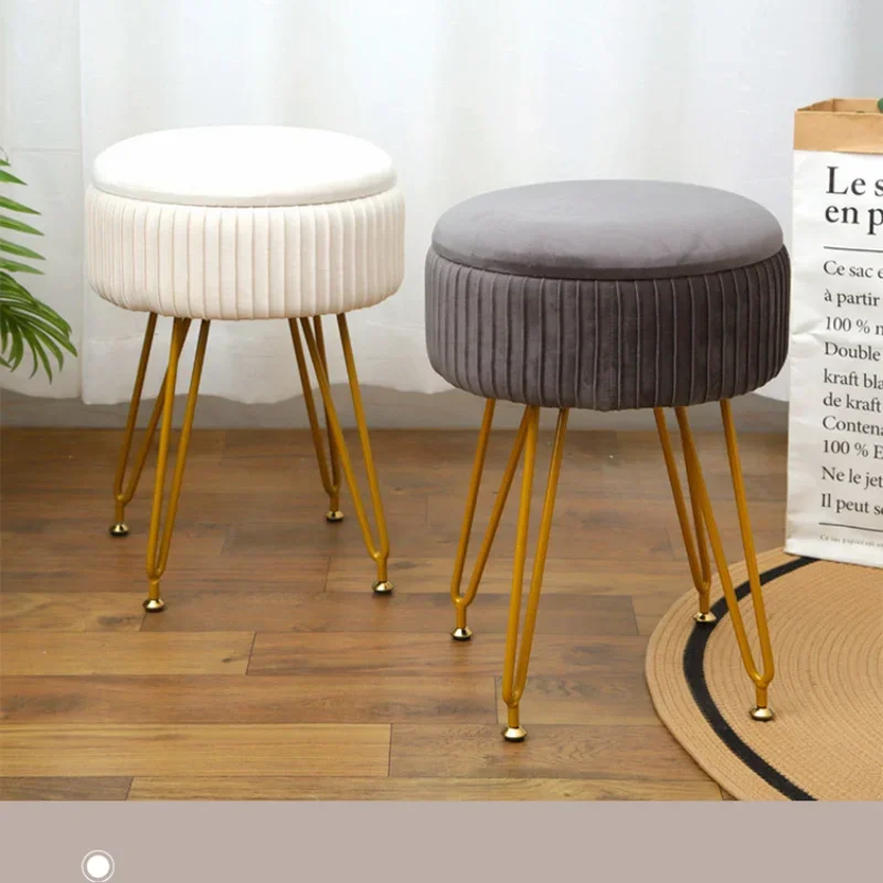 

Velvet Vanity Stool Chair for Makeup Room - Beige Vanity Seating with Gold Legs 18” Height Small Storage Ottoman Footrest