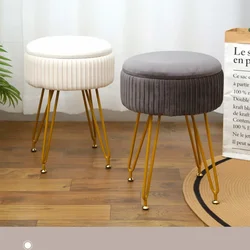 Velvet Vanity Stool Chair for Makeup Room - Beige Vanity Seating with Gold Legs 18” Height Small Storage Ottoman Footrest