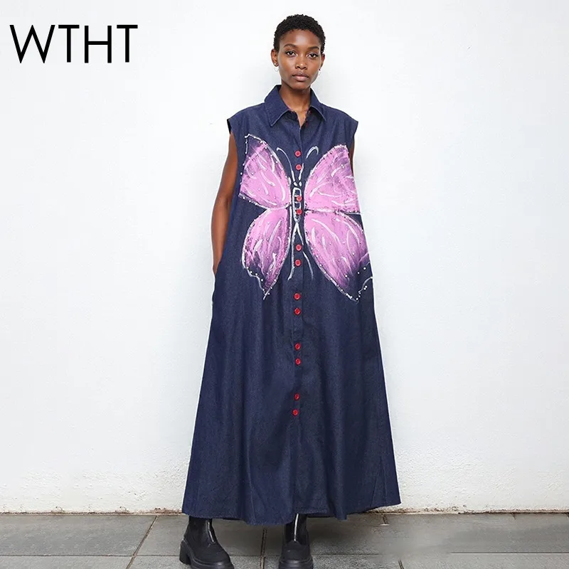 

WTHT модное женское джинсовое платье с принтом бабочки и лацканами, осень 2022, модные однобортные платья без рукавов, женские 1LS2469