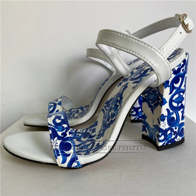 Blue And White Porcelain Print Sandals Women Ankle Strap Genuine Leather Concise Open Toe Party Shoes Summer