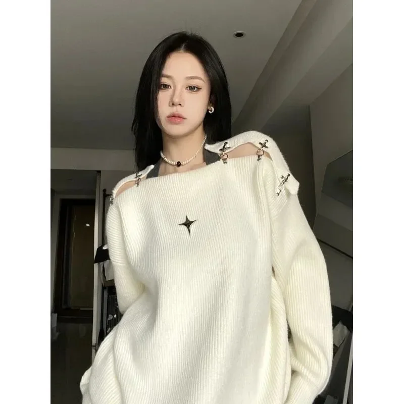 

Sexy Off Shoulder Slash Neck Pullover Sweater Autumn 2023 Loose Casual Solid Jumpers Harajuku Vintage Fashion Y2k Tops Grunge