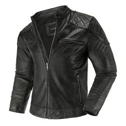 Retro Leather Jacket Motorcycle Riding Suit Men's Biker Jacket Stand Collar Slim Fit Short Heavy Industry Leather Coat