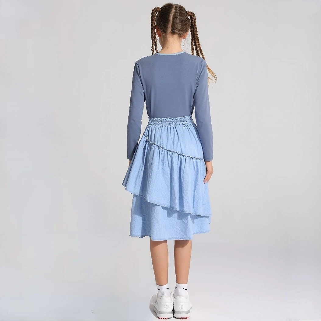 Girls Teen Kids Midi Ruffles Denim Skirt Cotton 2022 New Summer Jersey Top Patchwork Denim Neck Mommy and Daughter Clothes,#7011