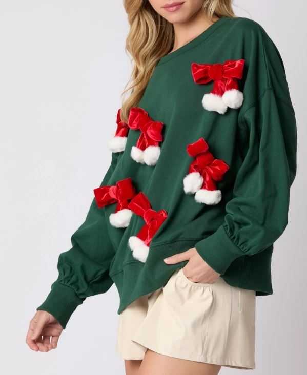 Casual Women's  Christmas pullover 2024 autumn fashion Christmas Bow Decor long sleeved women's sportswear O-neck loose pullover