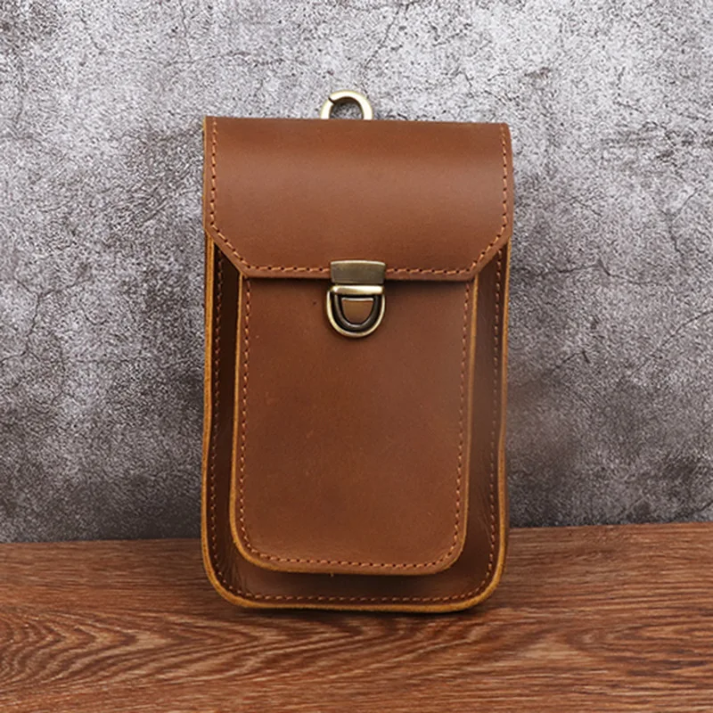 Men's 6-7 inch mobile phone bag, vertical style, leather belt waist small hanging bag, genuine leather retro bag