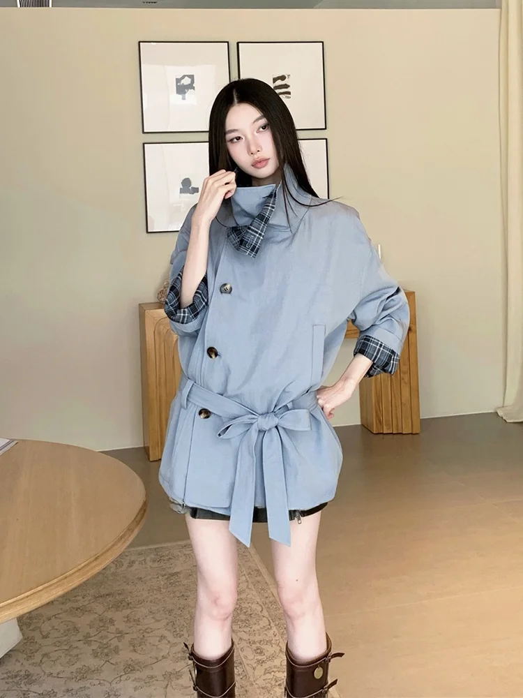 الرجعية كلية Sle الأزرق منقوشة الربط الوجهين ارتداء فضفاض الخصر ort معطف المرأة أوائل الخريف أعلى عارضة تخفيف Sle #3