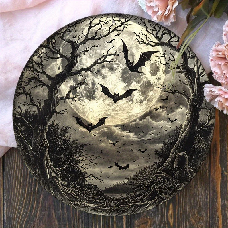 Halloween-Gothic-Fledermaus-Aluminium-Wandkunst – 20,3 cm große Porträt-Orientierung, dekoratives Metallschild – wetterbeständiger runder Eingangsbereich, H