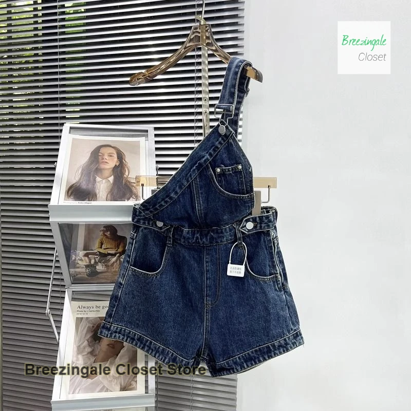French fashion temperament single strap denim strap shorts women's summer thin large size irregular design loose slim jumpsuit