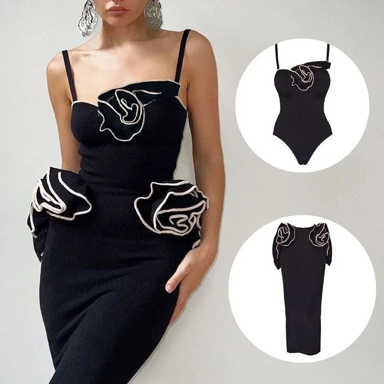 2024 3D Flower Black Swimsuit and Skirt set two-piece Swimwear Clearance Wholesale beach dress bodysuit