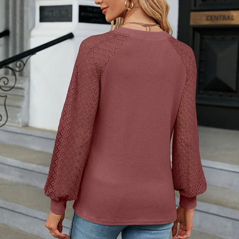Autumn Retro Elegant Fashion Top Prairie Chic Minimalist V Neck Long Sleeve Hollow Out Solid Color Loose Casual Pullovers Women