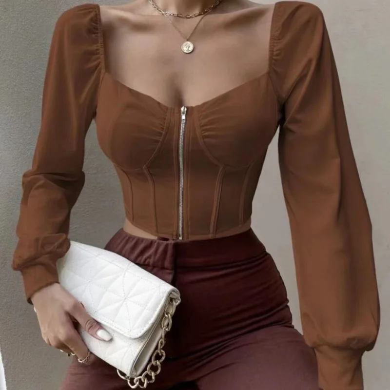 2025Spring and Autumn Retro Girl Zipper Exposed Collarbone Puff Long Sleeve Shirt Women's Stylish Short TopCrop top