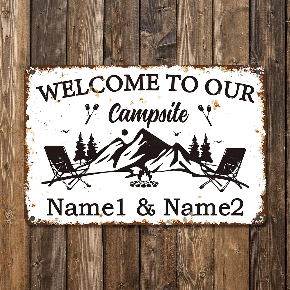 2D Flat Custom Names Welcome To Our Campsite Metal Tin Sign, Rustic Camping Plaque With Mountain Campfire , Campsite Wall Decor