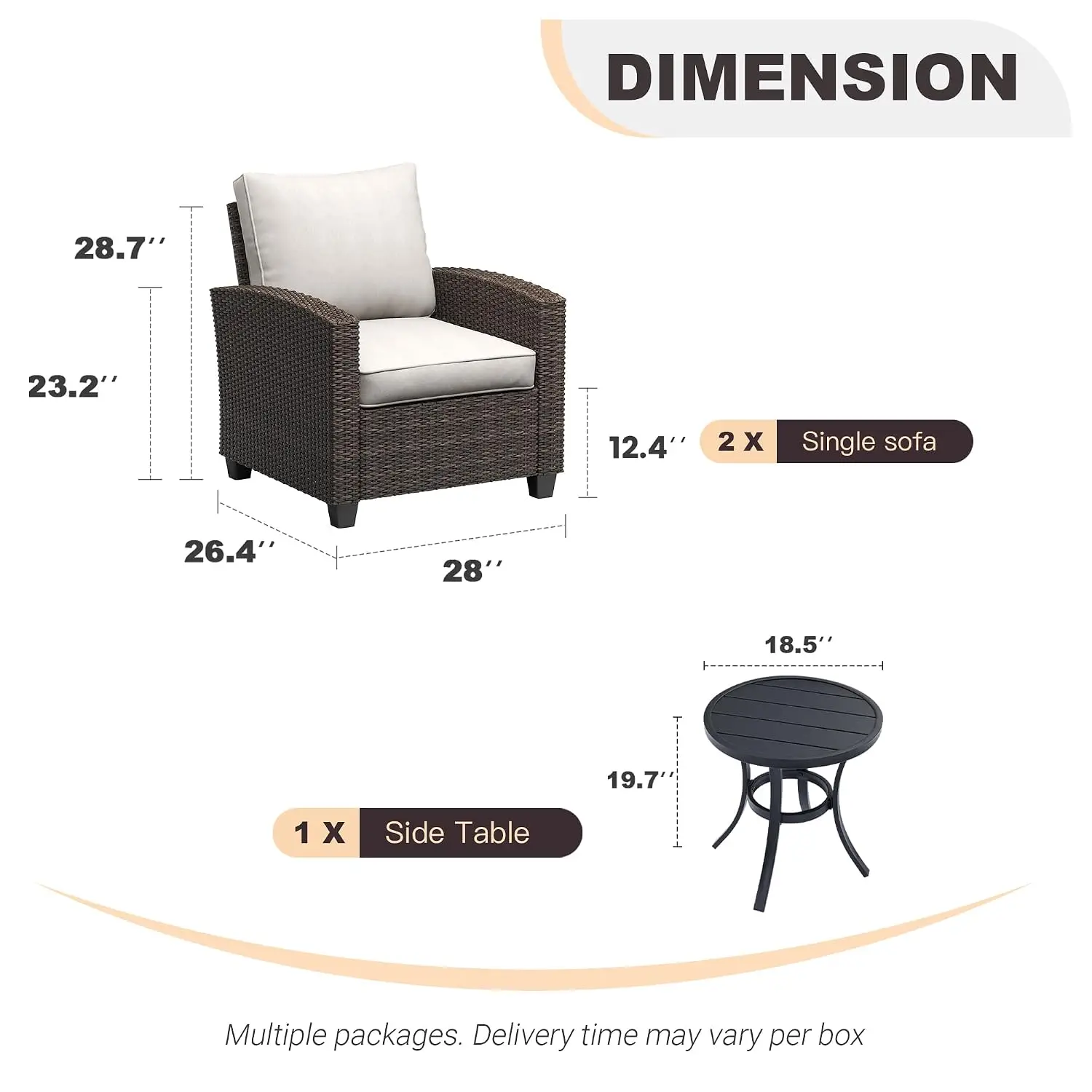 3-Piece Wicker Patio Set, PE Rattan Conversation with 2 Chairs & Metal Table for Deck Porch Pool, Beige Cushion, Customized