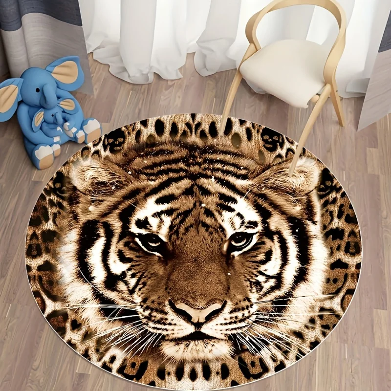 Cute Jungle Lion Elephant Giraffe Monkey Kids Round Rug Non Slip Soft Washable Circular Play Mat for Nursery Bedroom Home Decor