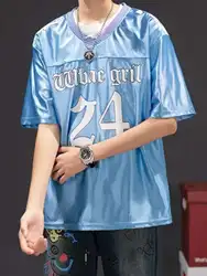 Summer Glossy Letter Print Men Jersey Short Sleeve Vintage T shirt Plus Size Loose Top Shirt