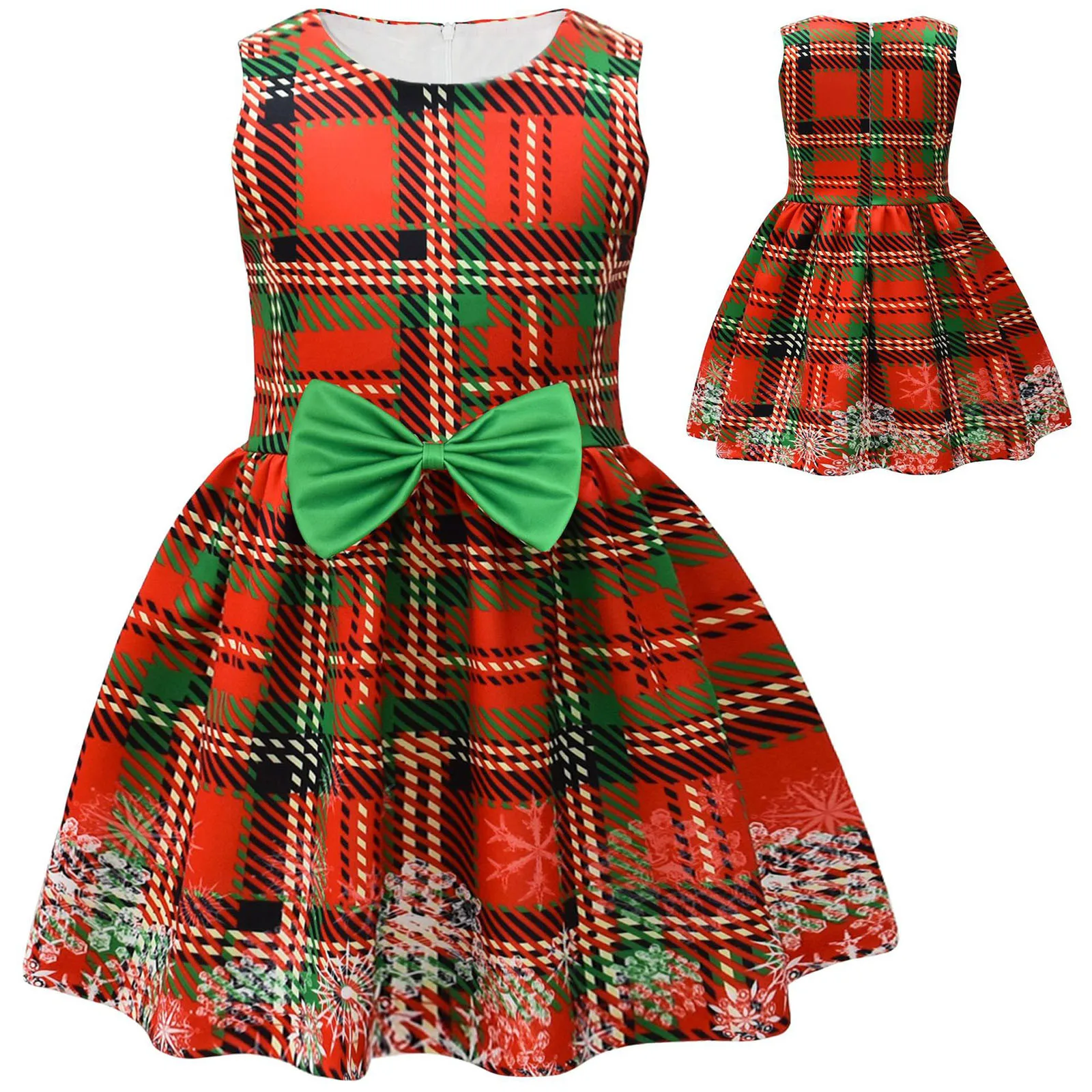 Kids Baby Girl Dress Christmas Clothes X-mas Red/Green Plaid Print Sleeveless Round Neck Tutu A-Line Dress for Toddlers 1-7Years