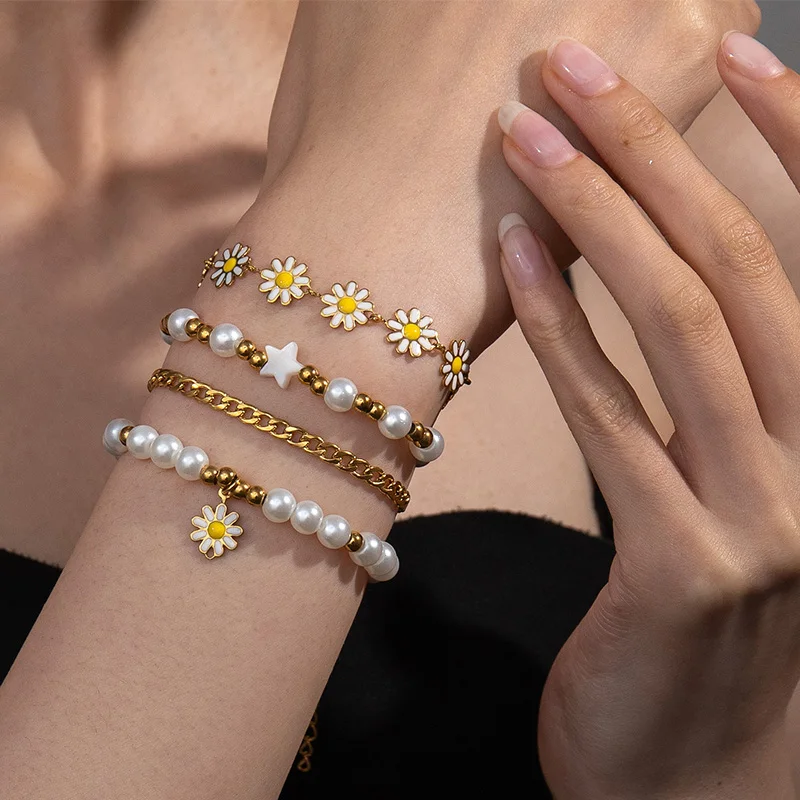 Nextvance Fashion Daisy Bracelet Imitation Pearl Beads Stainless Steel For Women Handmade Wrist Chain Accessories Jewelry Gifts