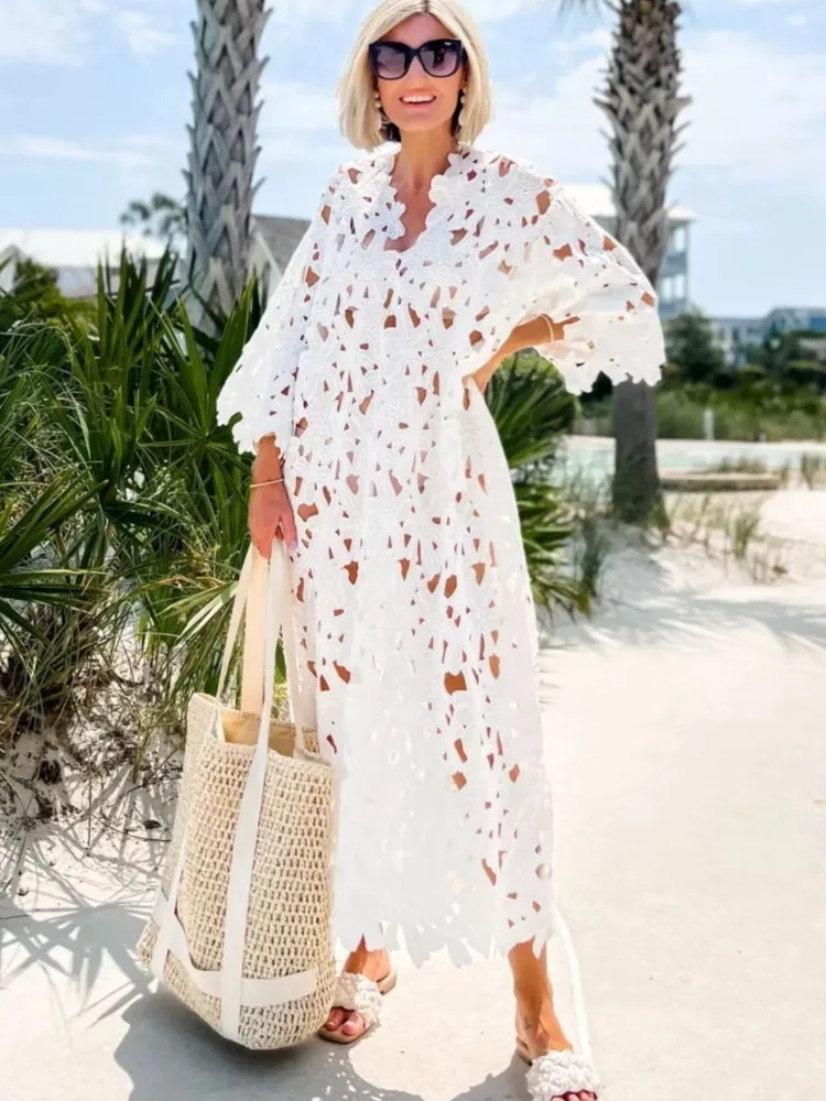 Sexy Kant Hol V-hals Jurk Voor Vrouwen Elegante Effen Lange Jurken Dames Zomer Casual Strand Vakantie Losse Vestidos