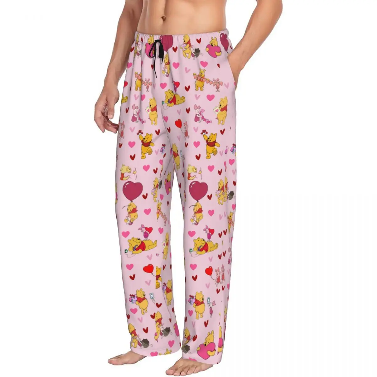 Custom Print Winnie The Pooh Pattern Pajama Pants for Men Animation Love Sleep Sleepwear Bottoms with Pockets