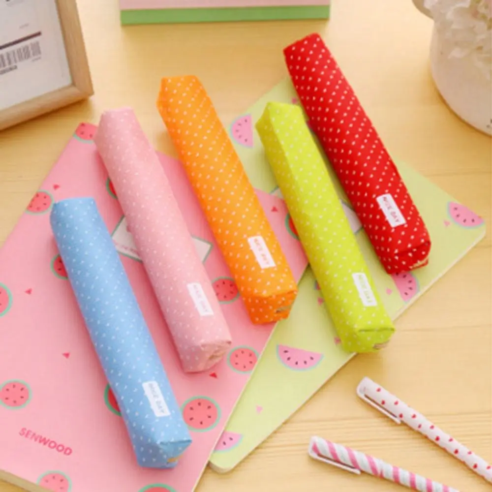 Portable Long Strip Pencil Case Strip Shape Candy Color Pencil Bag Dots Canvas Large Capacity Pens Storage Bag Student
