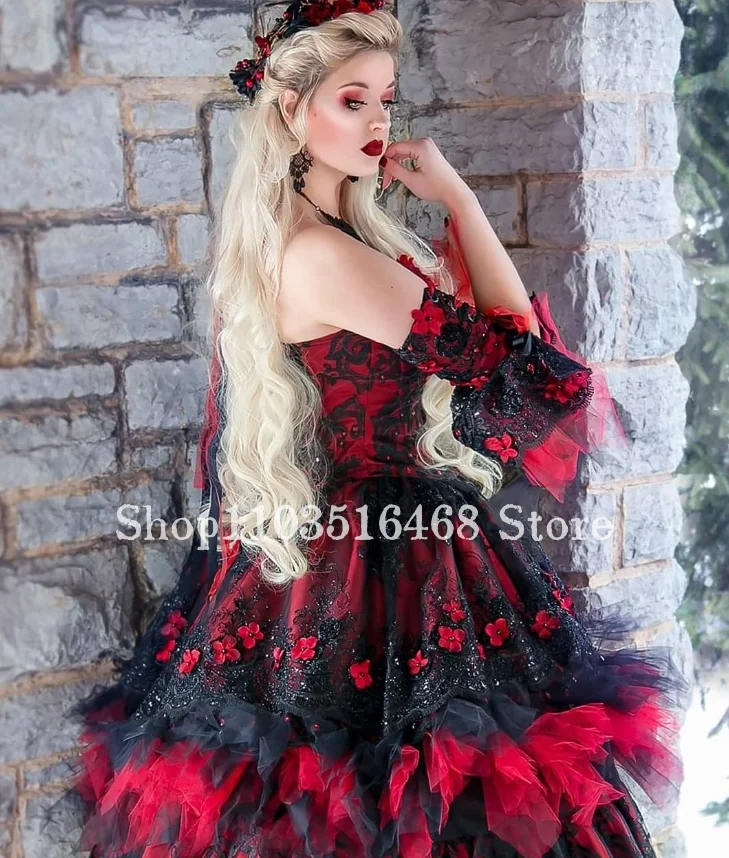 Vintage Gothic Victorian Evening Dresses Black Red Sweetheart Neck Floral Embroidered Lace Ruffles Costume Party Halloween Dress