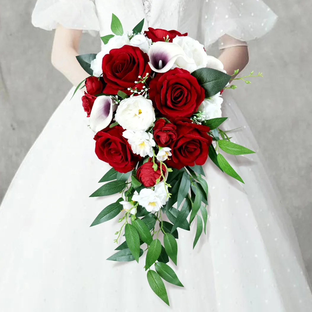 

Wedding Bridal Bouquet, Bride Artificial Rose Flowers with Ribbons, Bridesmaid Fake Flower