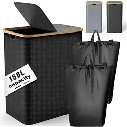 Laundry Basket,Japanese-Style Bamboo Foldable Fabric Dirty Clothes Basket, Large Storage Basket with Lid,Organizer