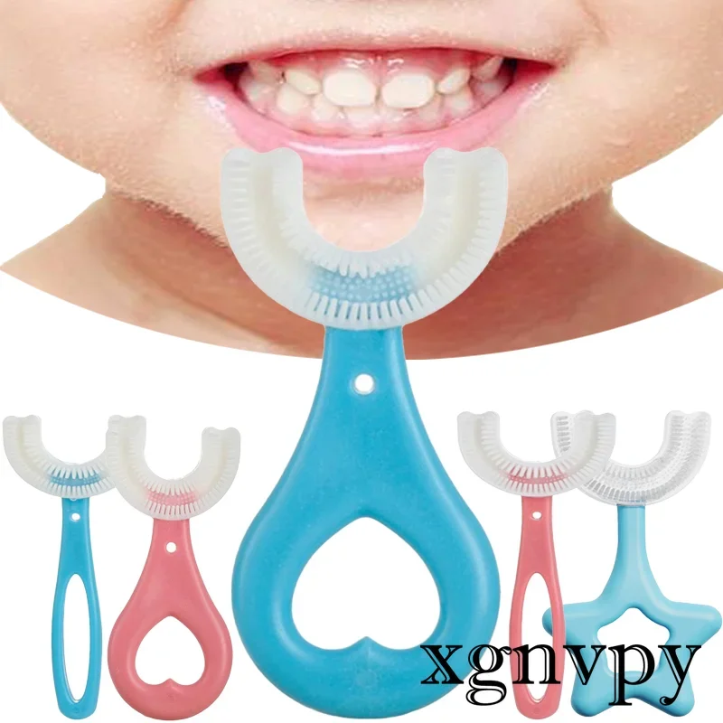 Escova de dentes de silicone em forma de Xgnvpy-U para crianças, escova de dentes de 360 graus