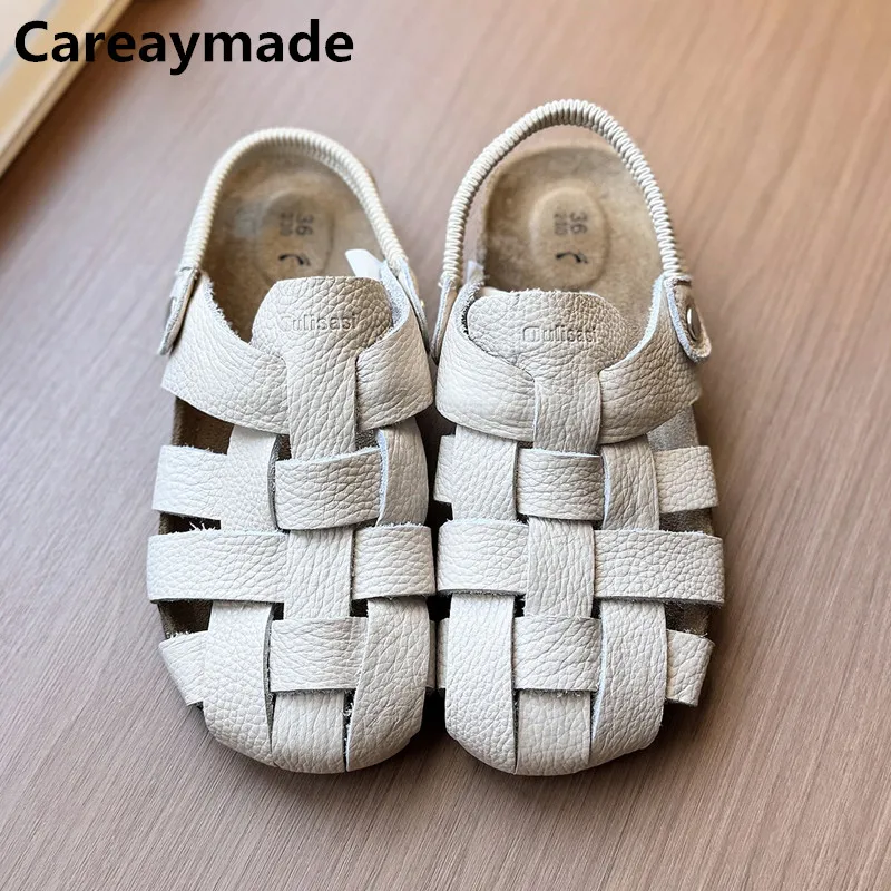 Careaymade-Genuine leather wider toe plus size women's Sandals,Summer Flat Casual Shoes,Woven Soft Soles Comfort Lazy slippers