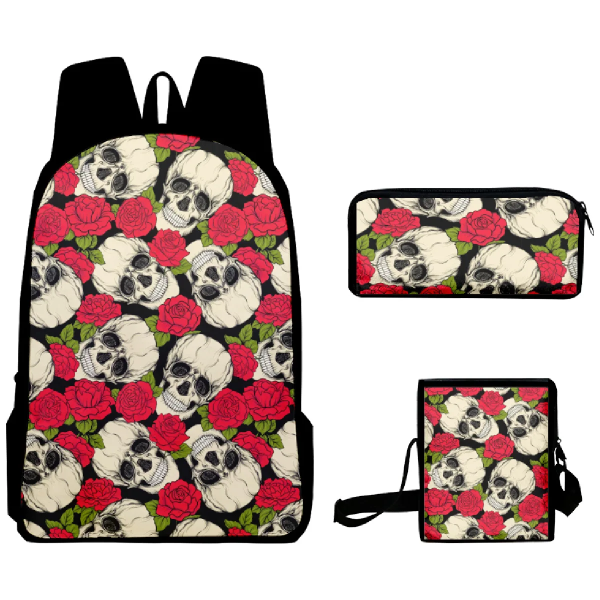 

3psc/set Women Backpack 3D Printed Flower Skull Art Schoolbag Primary Middle School Students Boys Girls School Bag Crossbody Bag