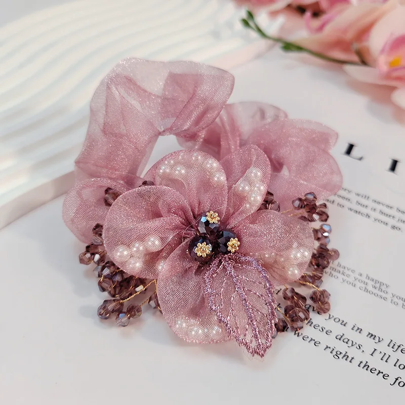 Neue Organza-Blumen-Accessoires Coletero Grande Para Cabello Scrunchies Kroattoкики Волос Kristall-Haarseil für Damen – Detail 10