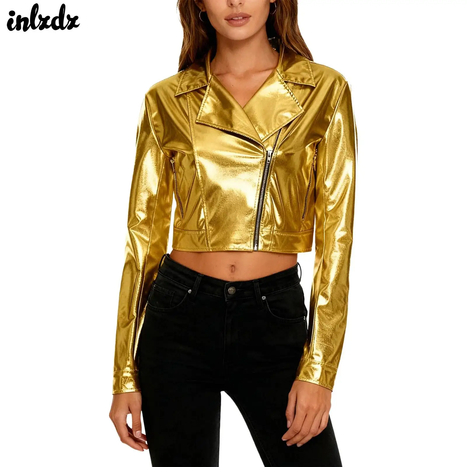 

Womens Metallic Glossy Zipper Tops Tassels Hip Hop Jazz Dance Performance Costume Turn-Down Long Sleeve Fringe Shiny Jacket Tops
