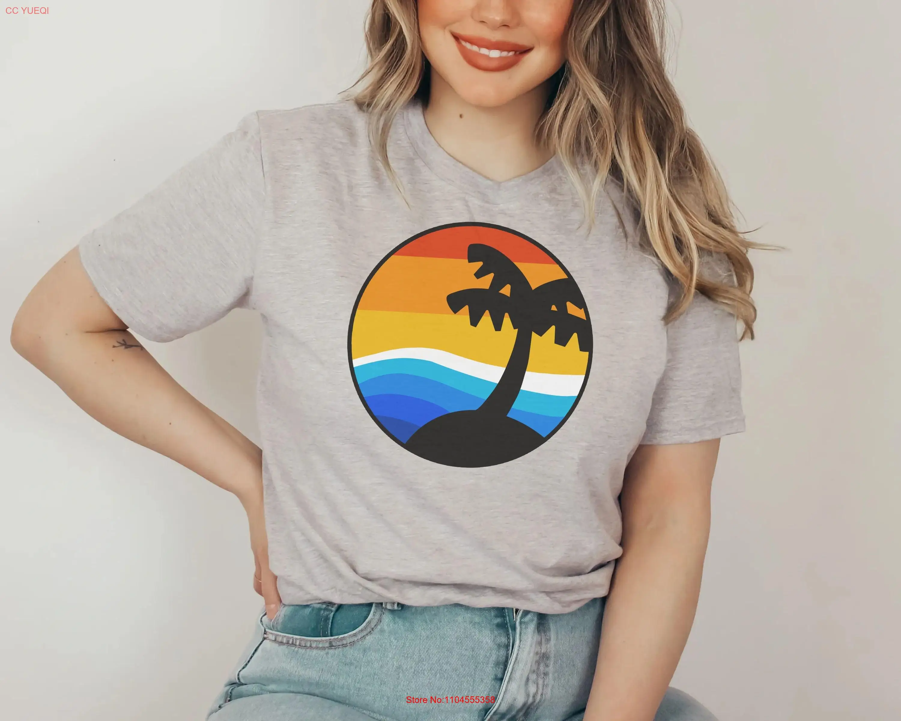 Sunset Waves T shirt Palm Beach Chill out Surf Vibes Aesthetic Circle long or short sleeves