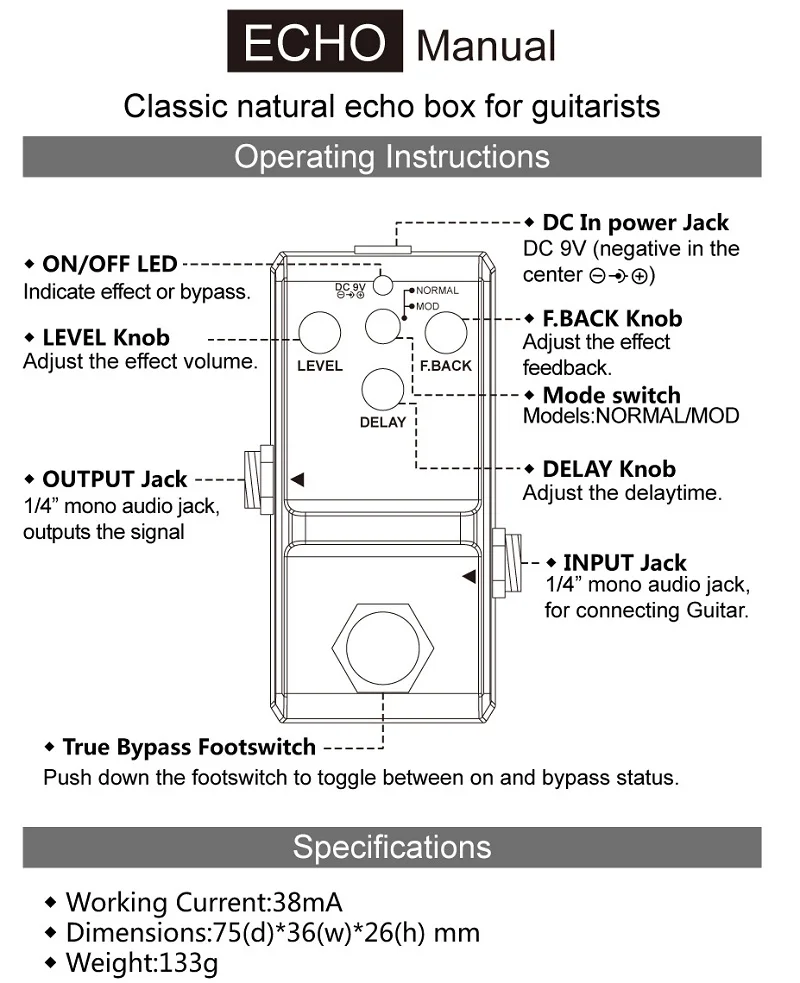 ECHO Delay Guitar Effect Pedal Ture Bypass at Ghet Music Store.