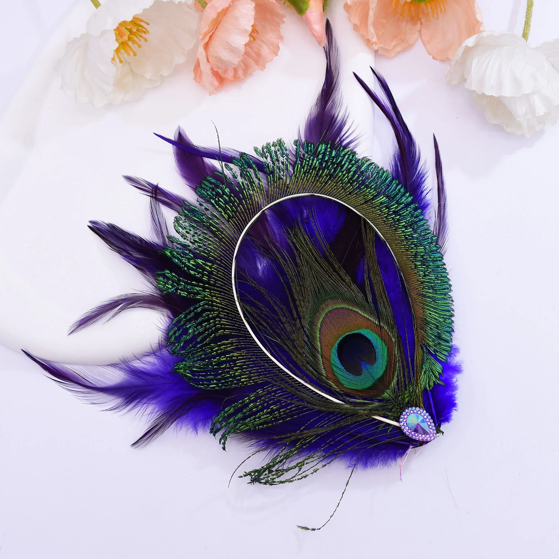 Ethnic Exaggerate Rhinestone Peacock Feather Hair Clip Colorful Feather Side Clip Exquisite Hair Clip