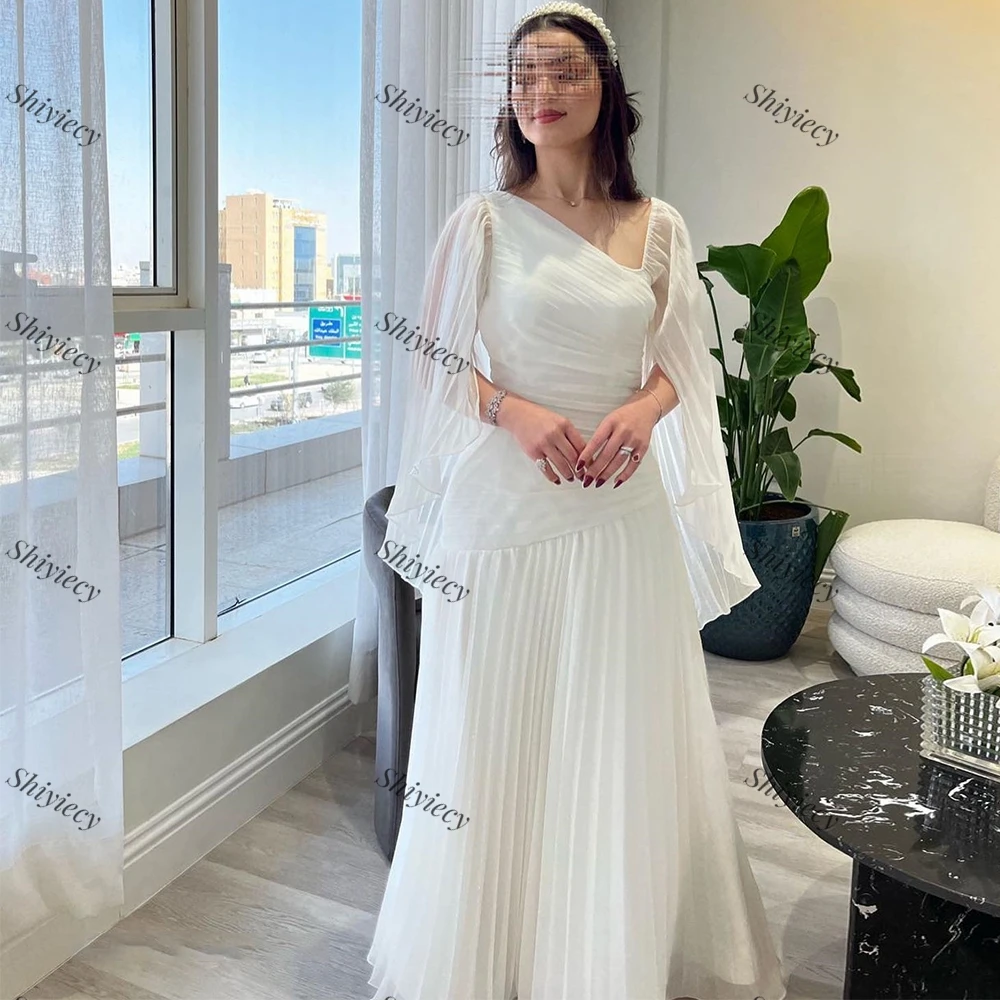 Chic Pleats Chiffon Formal Evening Dress Saudi Arabia Long Sleeve Solid Color Prom Party Gown Custom Made Special Occasion Dress