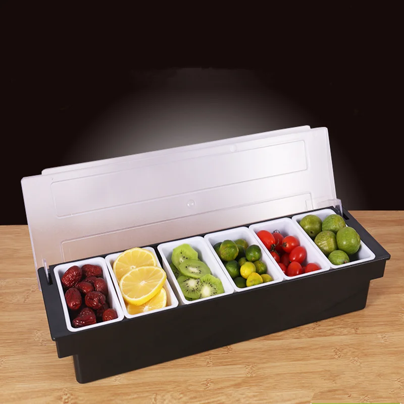 

Hot 6 Compartment Condiment Dispenser Bar Fruit Caddy Garnish Tray Kitchen Spices Storage Holder Accessories Seasoning Box