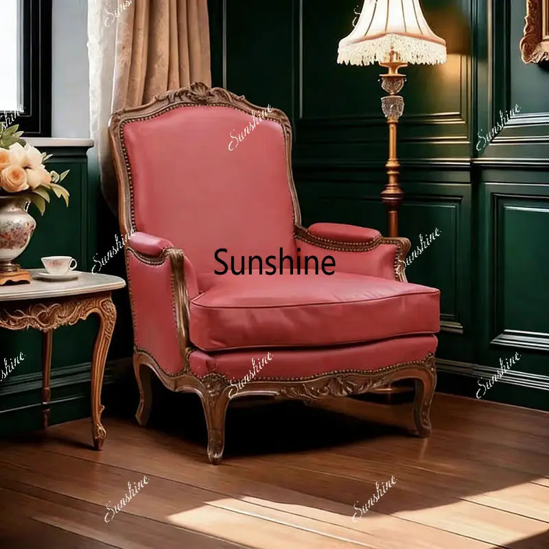 French retro solid wood carving flower, sofa chair, bedroom balcony leisure